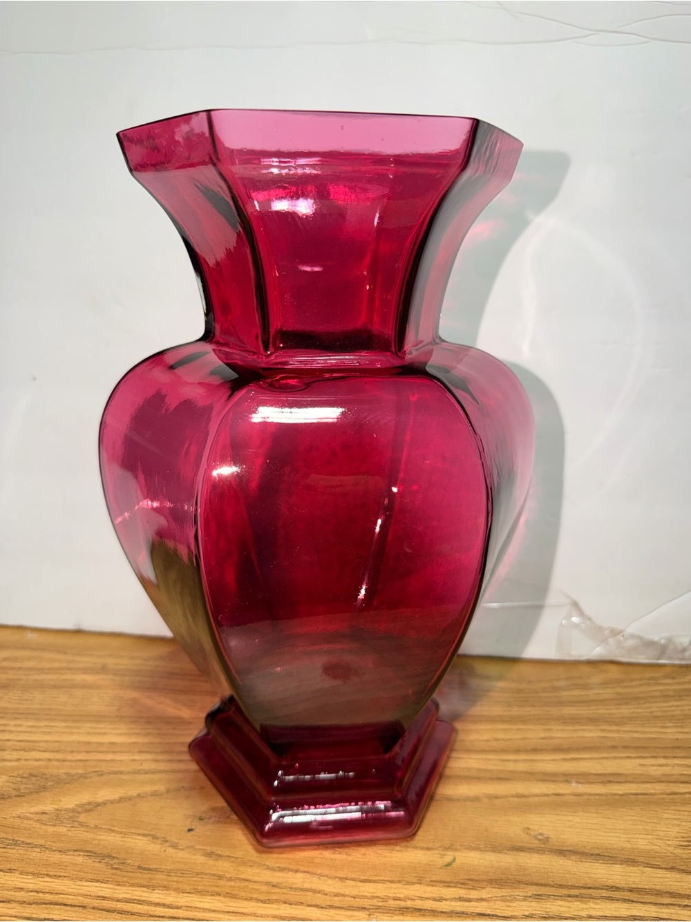 Vintage Modern Art Deco Large Hexagon Pilgrim look Cranberry Glass Vase
